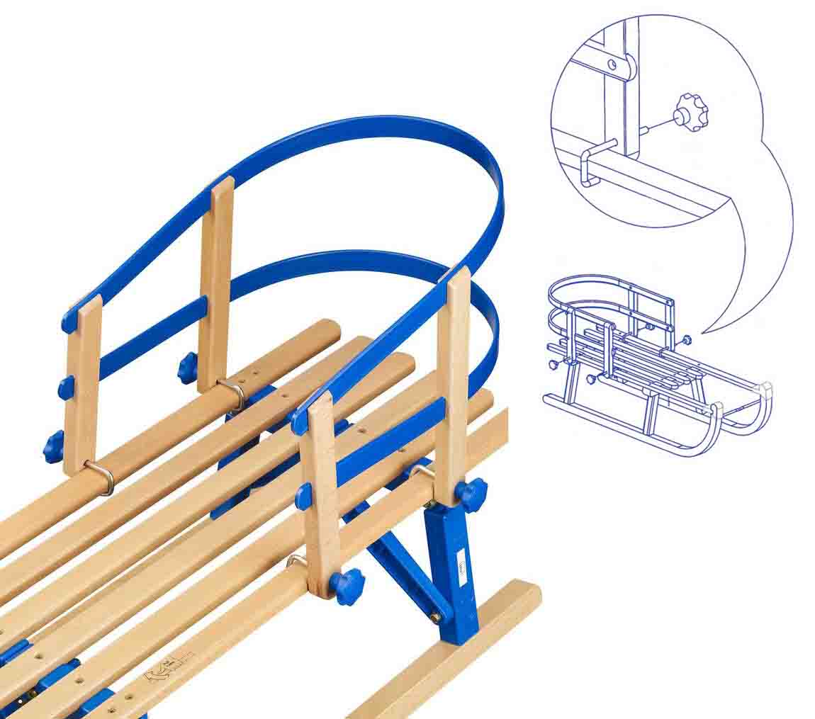 Holzschlitten mit Schlittenlehne COLINT Davos 100 Holz TÜV/GS Aussenbereich \\ Schlitten klappbar | | Blau cm