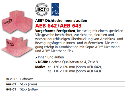 SOPRO AEB Dichtecke außen AEB 643  Flexiblen Fertigecken ca. 110x110 MM 25 St.