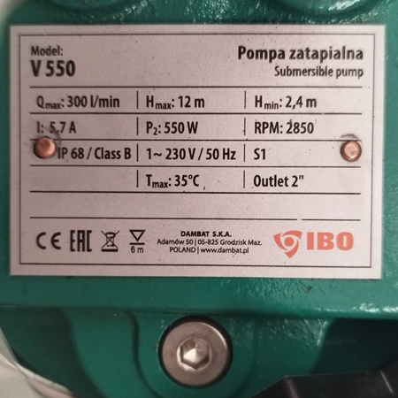 Set IBO Tauchpumpe V550 230V mit Zerkleinerer + 30m Schlauch + 2" Anschluss