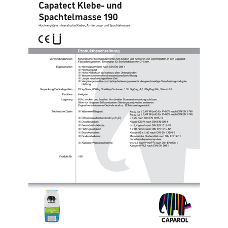 CAPAROL Capatect 190 Klebe und Spachtelmasse Putzmörtel 25 KG Grau