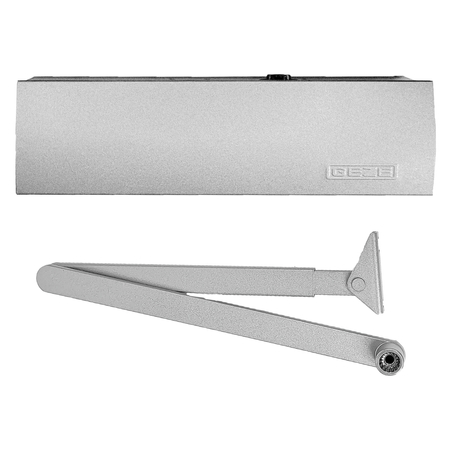 GEZE Set SILBER – Türschließer mit Gestänge und Montageplatte TS 2000 V BC Silber für einflügelige Türen mit einer Flügelbreite bis 1250 mm, mit Bolzen