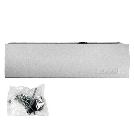 GEZE Set SILBER – Türschließer mit Gestänge und Montageplatte TS 2000 V BC Silber für einflügelige Türen mit einer Flügelbreite bis 1250 mm, mit Bolzen