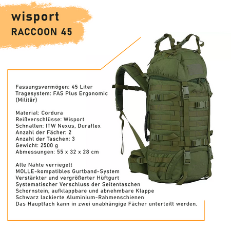 WISPORT RUCKSACK RACCOON 45 OLIVEGRÜN FAS PLUS Ergonomic, MOLLE, 2500 g, 45 L