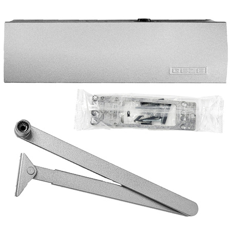 GEZE Set SILBER – Türschließer mit Gestänge und Montageplatte TS 2000 V BC Silber für einflügelige Türen mit einer Flügelbreite bis 1250 mm, mit Bolzen