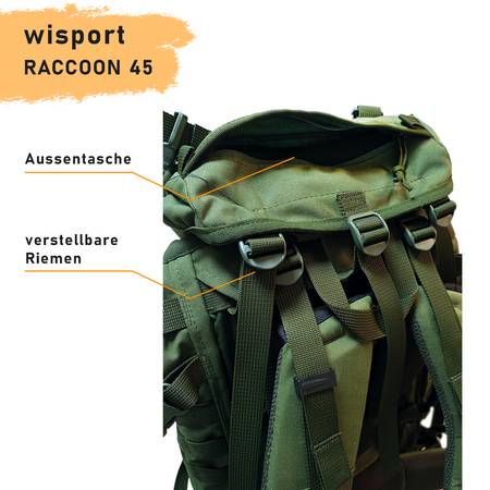 WISPORT RUCKSACK RACCOON 45 OLIVEGRÜN FAS PLUS Ergonomic, MOLLE, 2500 g, 45 L