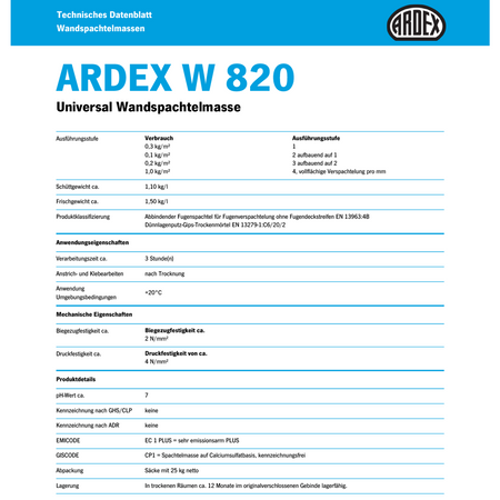 ARDEX W 820 Superfinish Wandspachtel Spachtelmasse Gipsspachtelmasse  25 KG