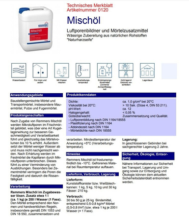 Remmers Mischöl 5 kg Zementputze Verarbeitung Mörtelzusatzmittel