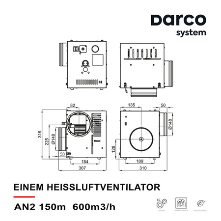 DARCO Einem Heissluftventilator Luftzufuhrgerät Warmluftverteilung AN2 150mm NEU