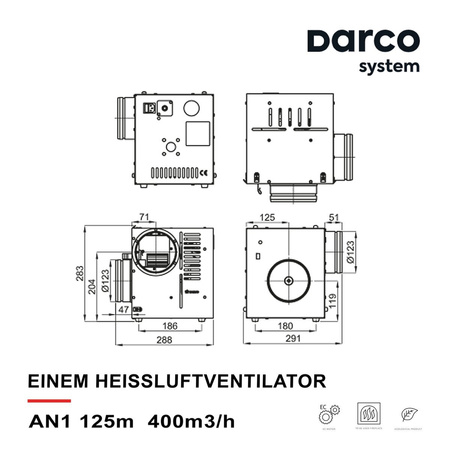 DARCO Einem Heissluftventilator Luftzufuhrgerät Warmluftverteilung AN1 125mm NEU