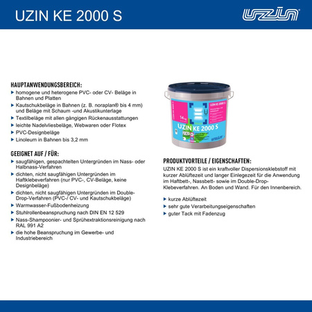 UZIN KE 2000 S Universal Nass Haftklebstoff KLEBER für Vinyl PVC 2 kg