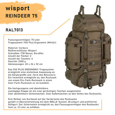 WISPORT RUCKSACK REINDEER 75 RAL-7013 FAS PLUS Ergonomic, MOLLE, 2300 g, 75 L