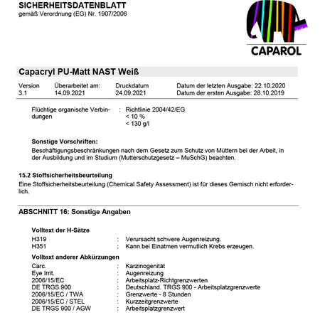 CAPAROL Capacryl PU-Matt Polyurethan-Acryllacke Weiß 2,4L