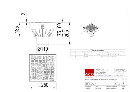 ACO Self XtraPoint 319430 Bodenablauf B125 mit PP-Rost und Ø110 mm Abgang