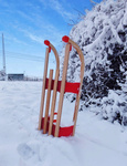 KLAPPBARER HOLZSCHLITTEN Zuggriff + Seil ökologischer Anstrich Metallkufen ROT und Blau