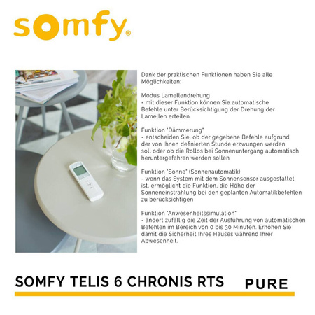 Somfy TELIS 6 CHRONIS 1805215  6-Kanal-Handsender mit Uhr Große LCD-Anzeige Pure
