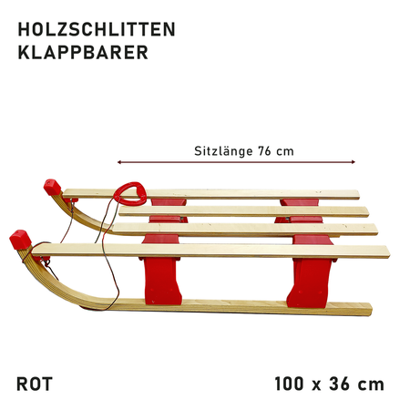 KLAPPBARER HOLZSCHLITTEN Zuggriff + Seil ökologischer Anstrich Metallkufen ROT und Blau