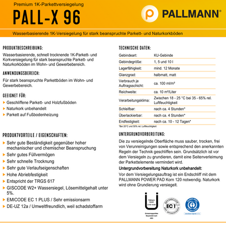 PALLMANN PALL-X 96 halbmatt Holzfußböden Naturkorkböden Parkettversiegelung 5 L