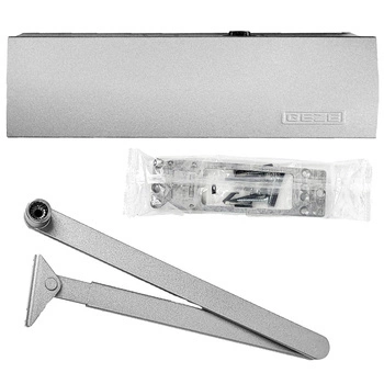GEZE Set SILBER – Türschließer mit Gestänge und Montageplatte TS 2000 V BC Silber für einflügelige Türen mit einer Flügelbreite bis 1250 mm, mit Bolzen