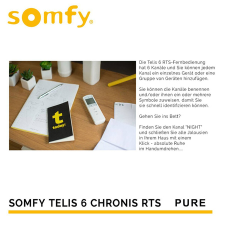 Somfy TELIS 6 CHRONIS 1805215  6-Kanal-Handsender mit Uhr Große LCD-Anzeige Pure