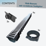 3x Entwässerungsrinne MIDI-KANAL GARAGE-SET Komplett  9m KIT DAKOTA GUNNEX