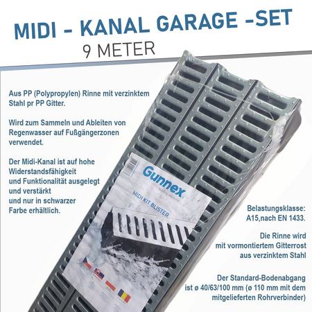3x Entwässerungsrinne MIDI-KANAL GARAGE-SET Komplett  9m KIT DAKOTA GUNNEX
